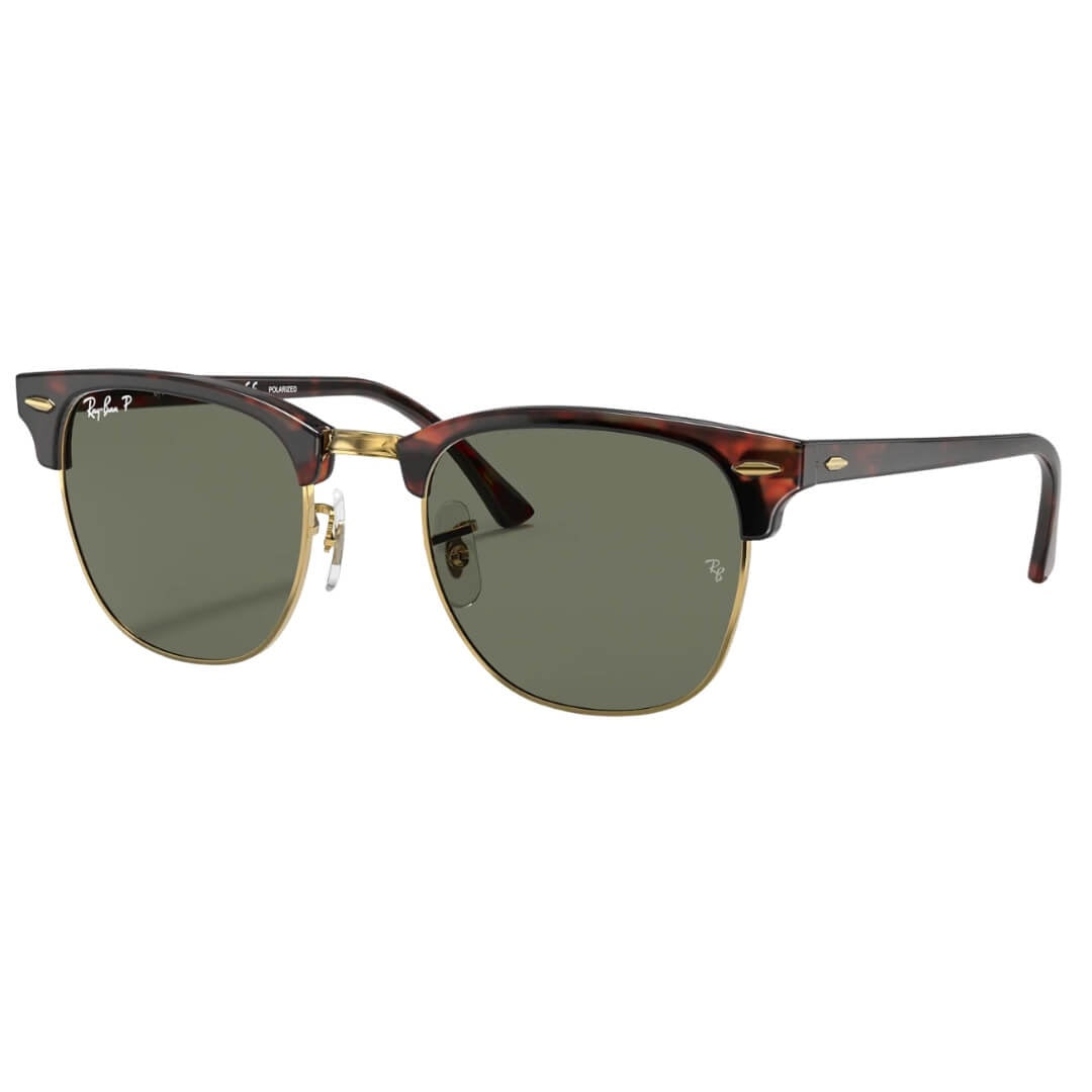 Ray-Ban Clubmaster RB3016 990/58 Sunglasses - Red Havana Frame, Polarized Green Lens Front Side View