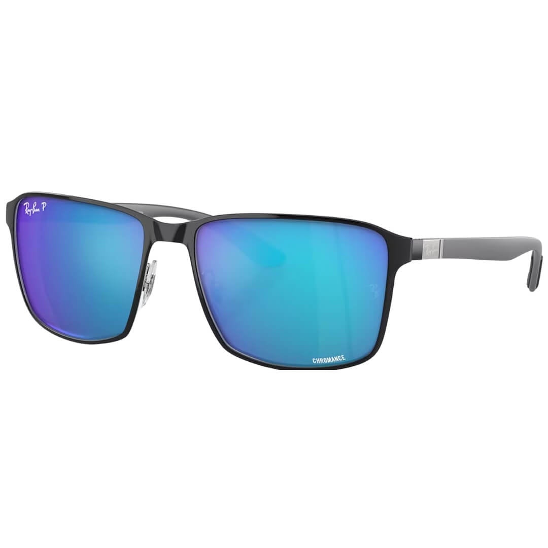 Ray-Ban RB3721CH 9144A1 Sunglasses - Black On Silver Frame, Polarized Blue Lens Front Right View