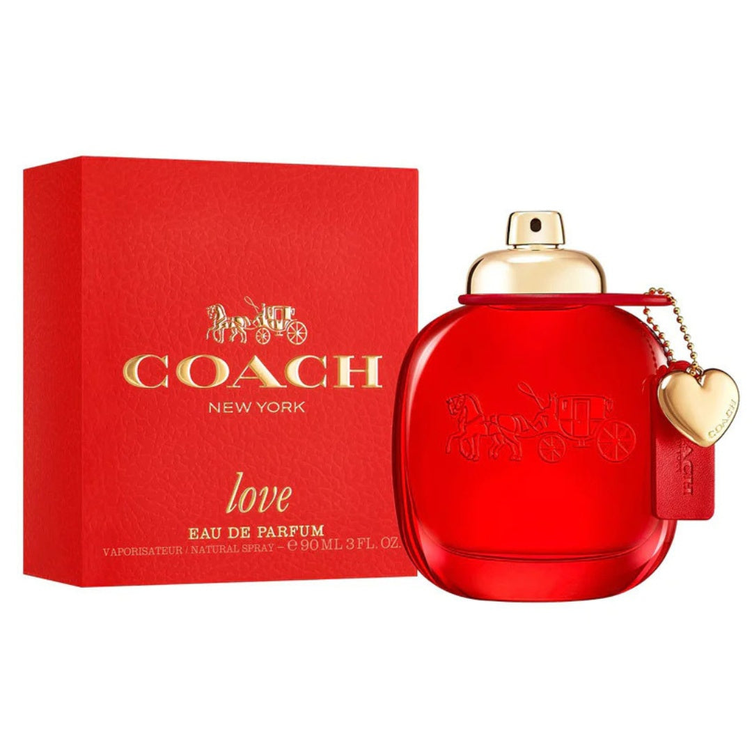 Coach Love EDP 90ml for women in intense red bottle with gold turnlock clasp and heart charm, symbolizing passion, available at Gadgets Online NZ LTD.