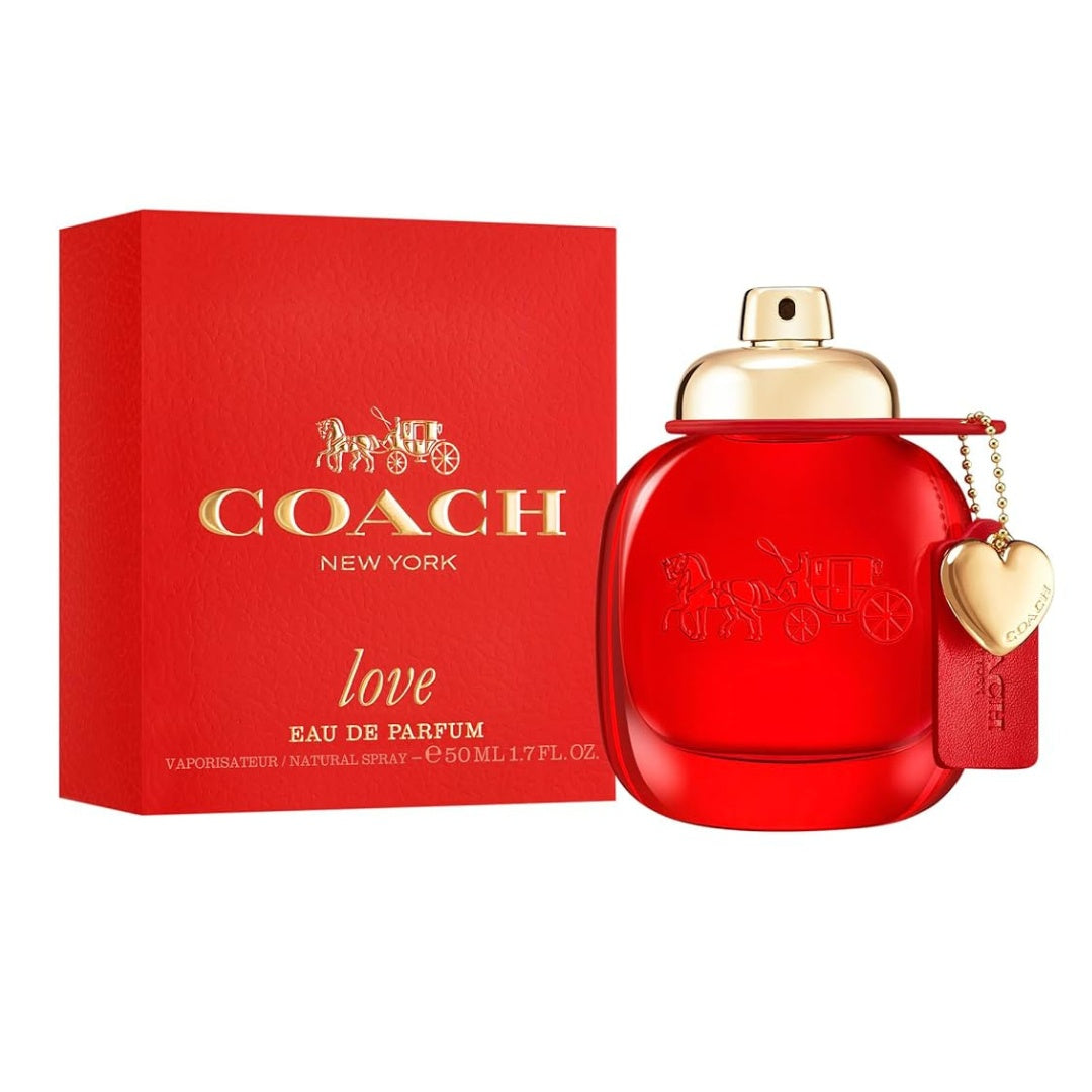 Coach Love EDP 50ml perfume for women, featuring a vibrant red bottle with gold turnlock clasp and heart charm, set against the iconic golden carriage logo on the faux leather red case, available at Gadgets Online NZ LTD
