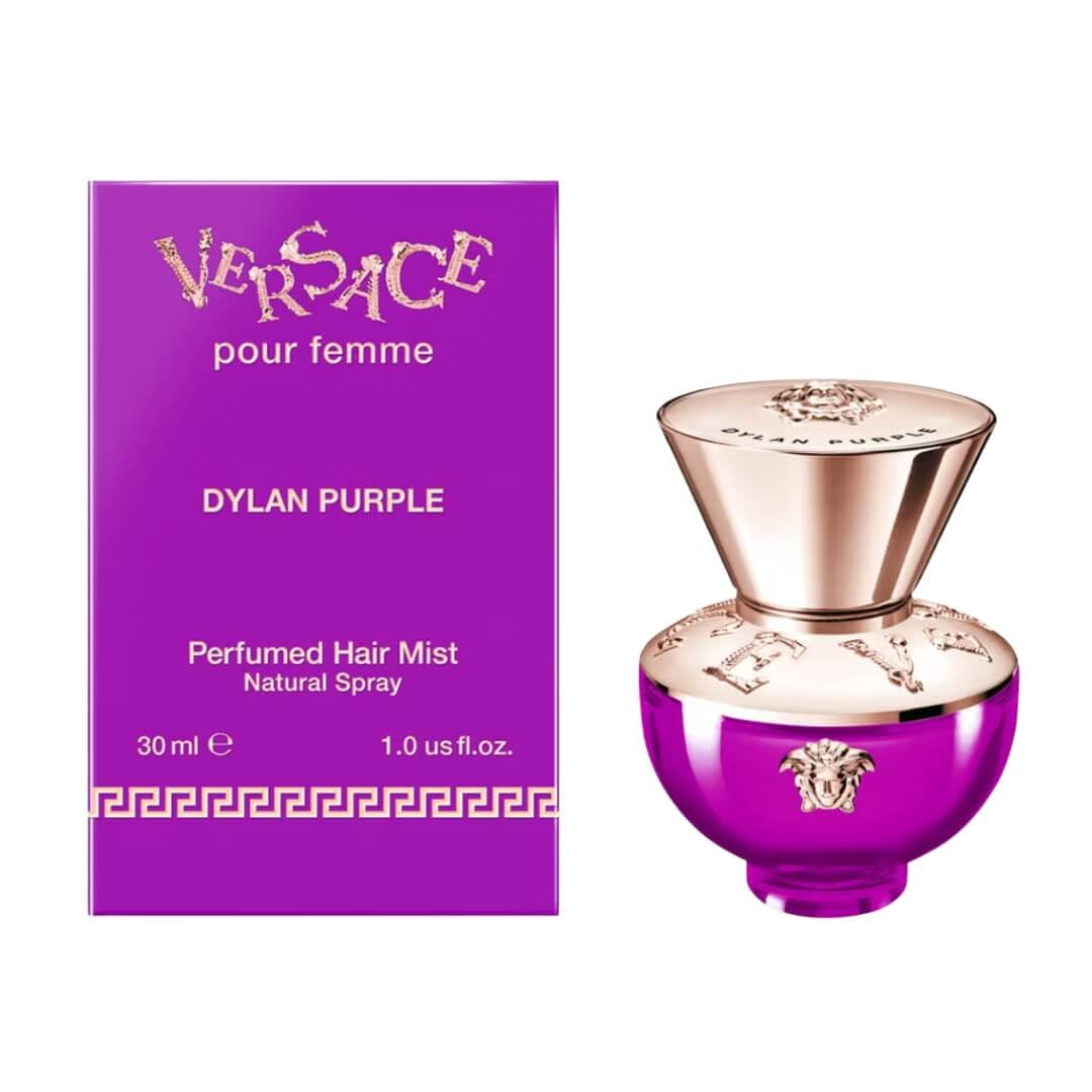 Versace Dylan Purple Hair Mist 30ml available at Gadgets Online NZ LTD, a luxurious hair fragrance blending pear, freesia, and bergamot for elegant freshness.