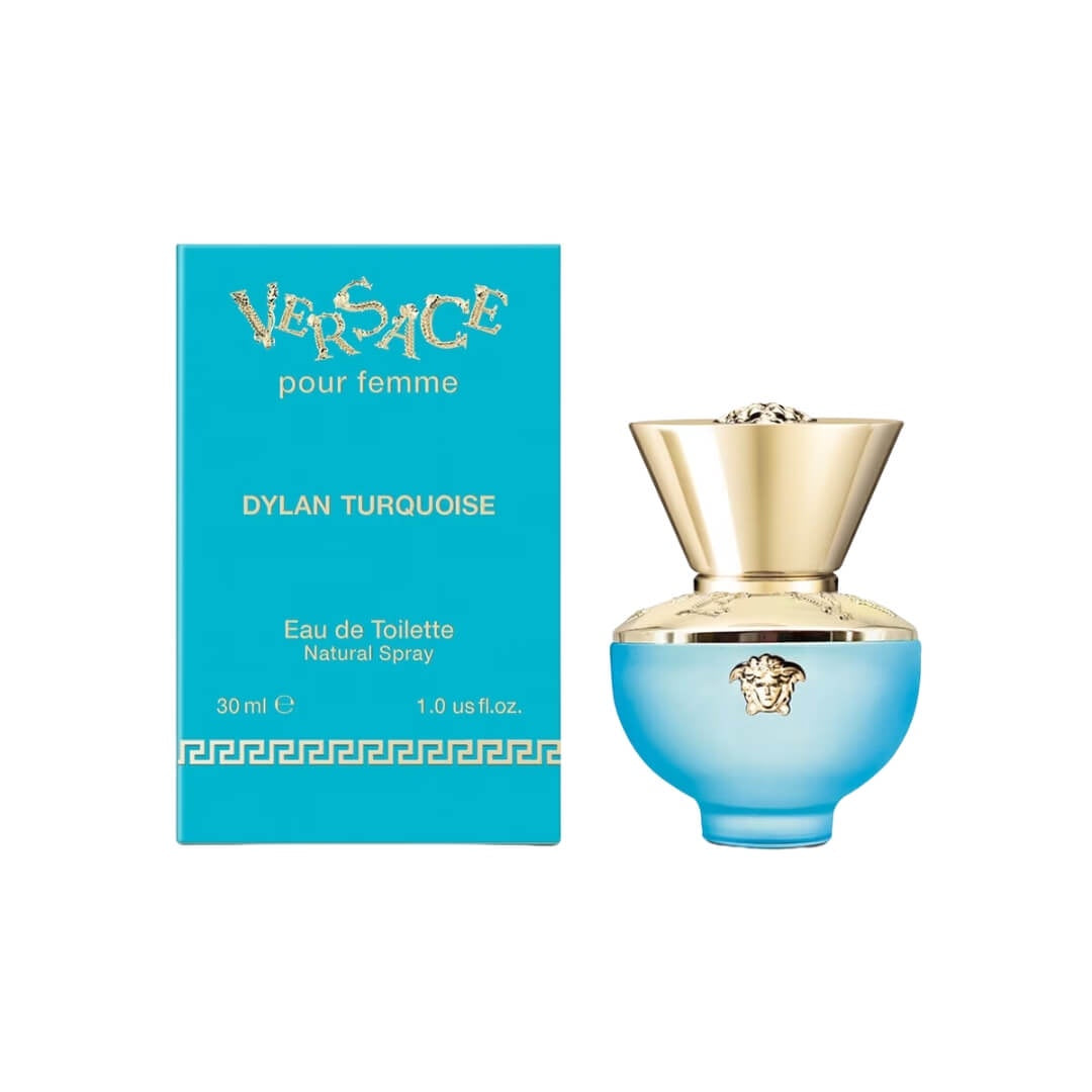 Versace Dylan Turquoise EDT 30ml for Women, featuring a deep blue amphora-inspired bottle, available at Gadgets Online NZ LTD, embodies the freshness of the Mediterranean