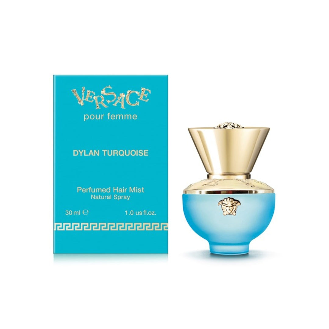 Versace Dylan Turquoise Hair Mist EDT 30ml, envelop your hair in a vibrant floral fruity scent, available at Gadgets Online NZ LTD.