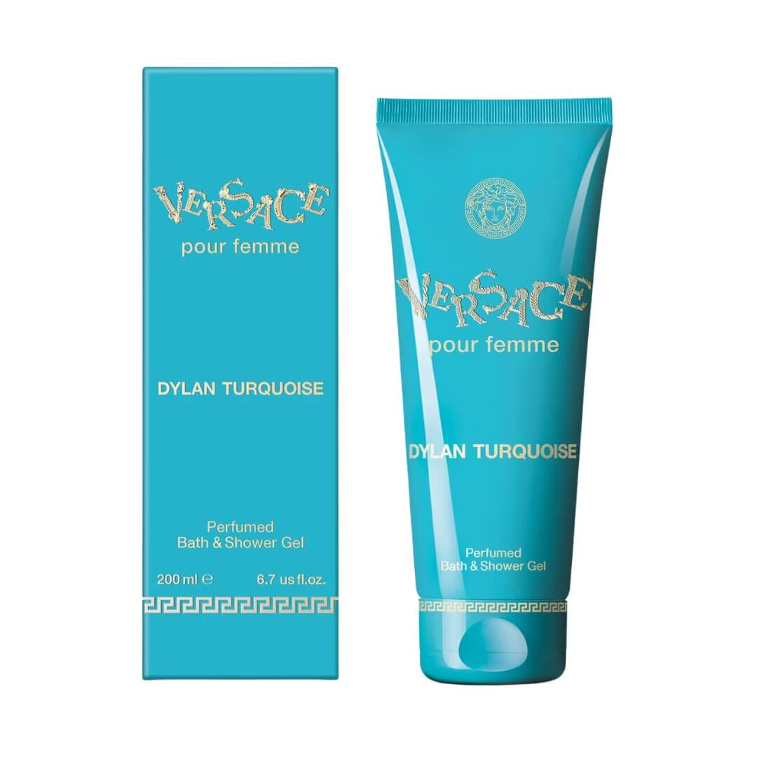 Versace Dylan Turquoise Shower Gel 200ml, a luxurious cleansing gel with fruity floral notes, available at Gadgets Online NZ LTD, for a spa-like shower experience