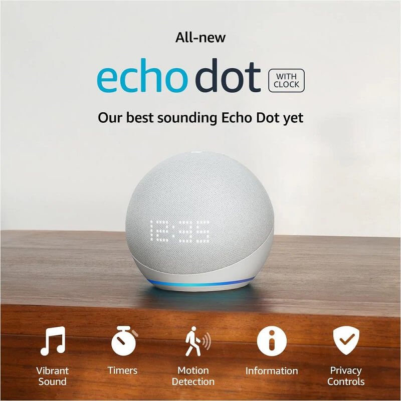 Amazon Echo Dot 5th Gen with Clock Glacier White
