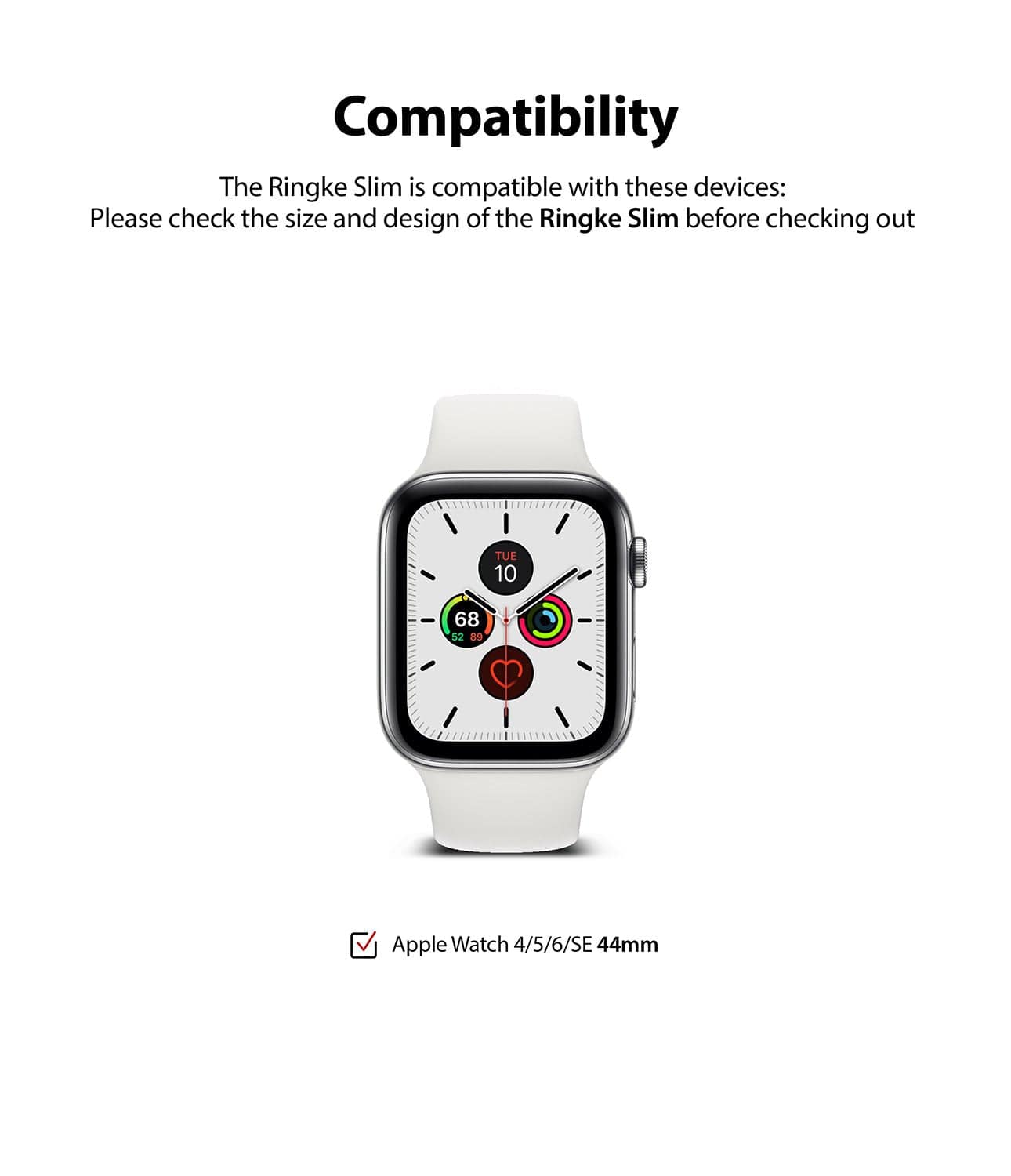 This case is compatible with the Apple Watch Series 6, SE, 5, and 4 in the 44mm size.