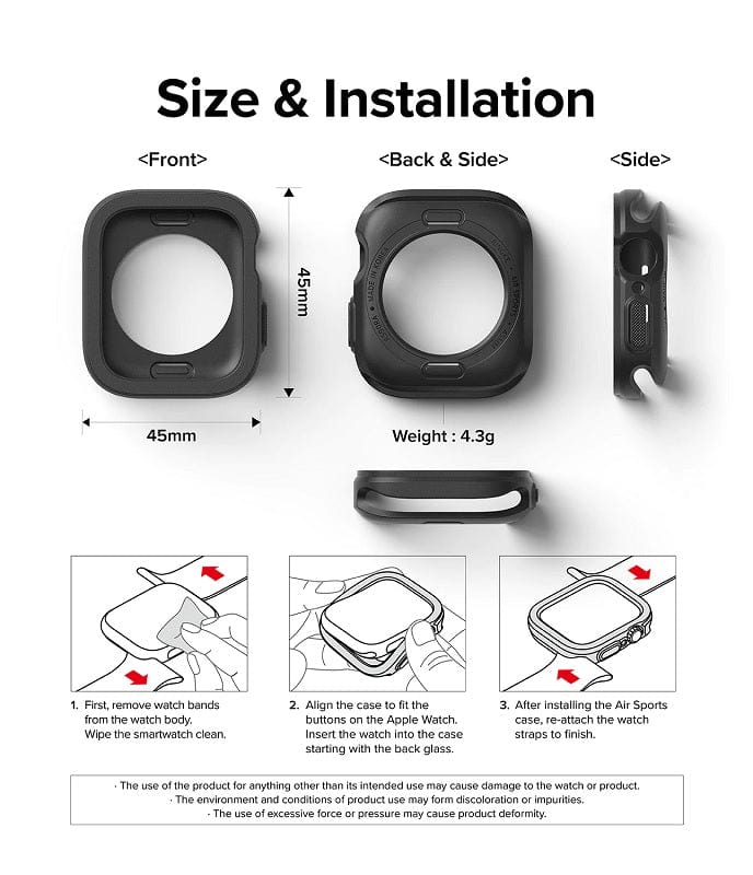 Apple Watch Series 7/8 (45mm) and 6/SE/5/4 (44mm) Air Sports Black Case By Ringke