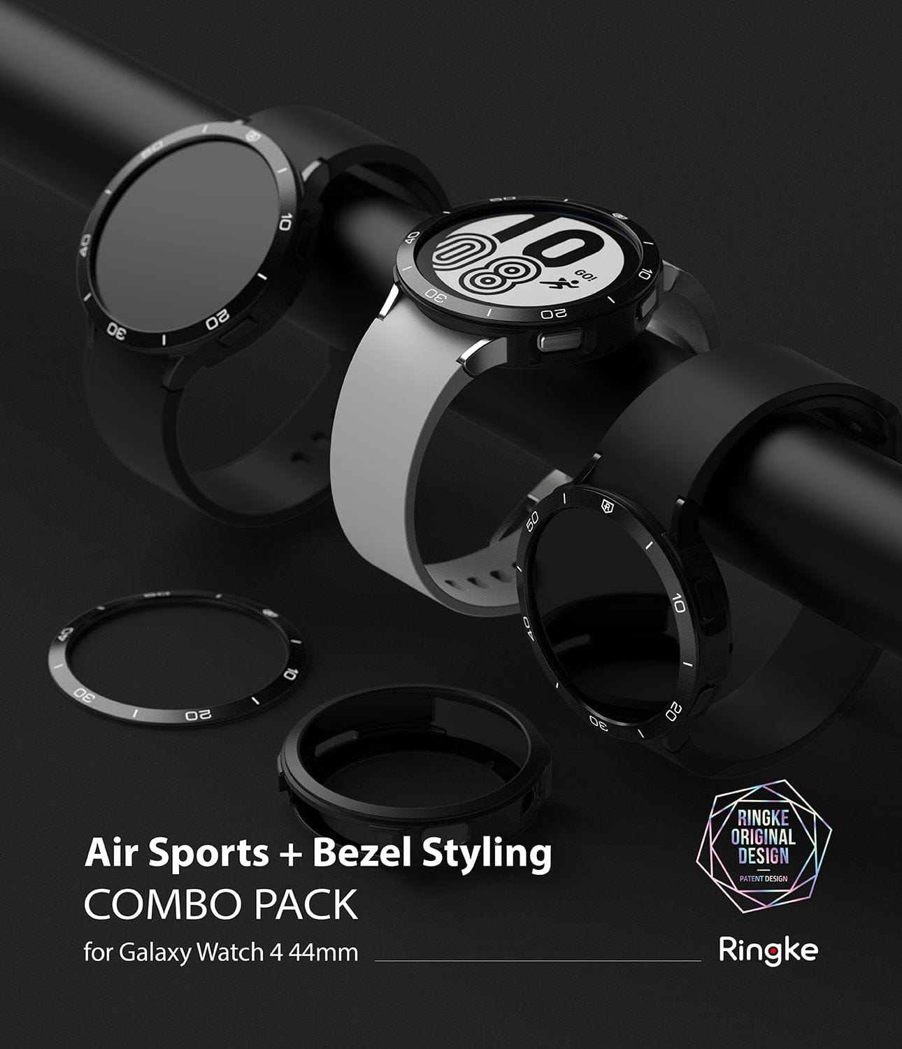 Galaxy Watch 4 44mm Air Sports Black + Black Bezel Styling By Ringke