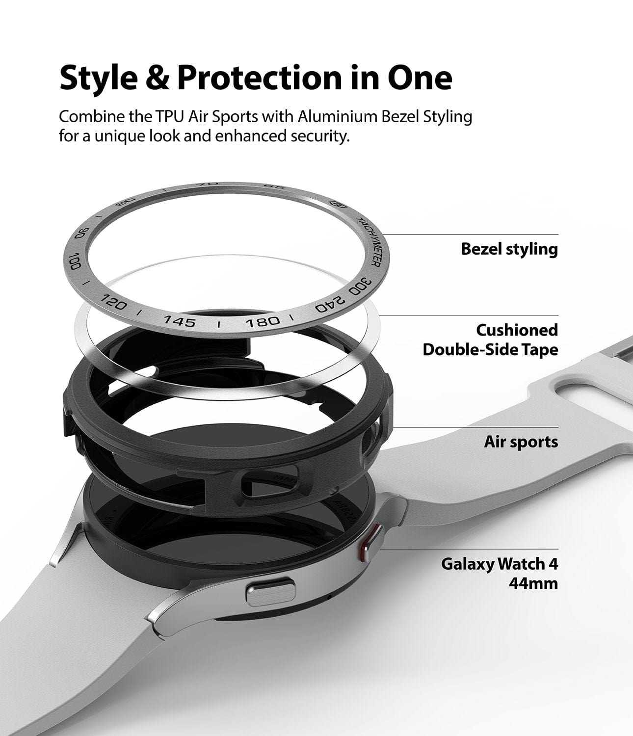 Combine style and protection seamlessly with our TPU Air Sports case paired with an aluminum bezel for your Galaxy Watch 4.