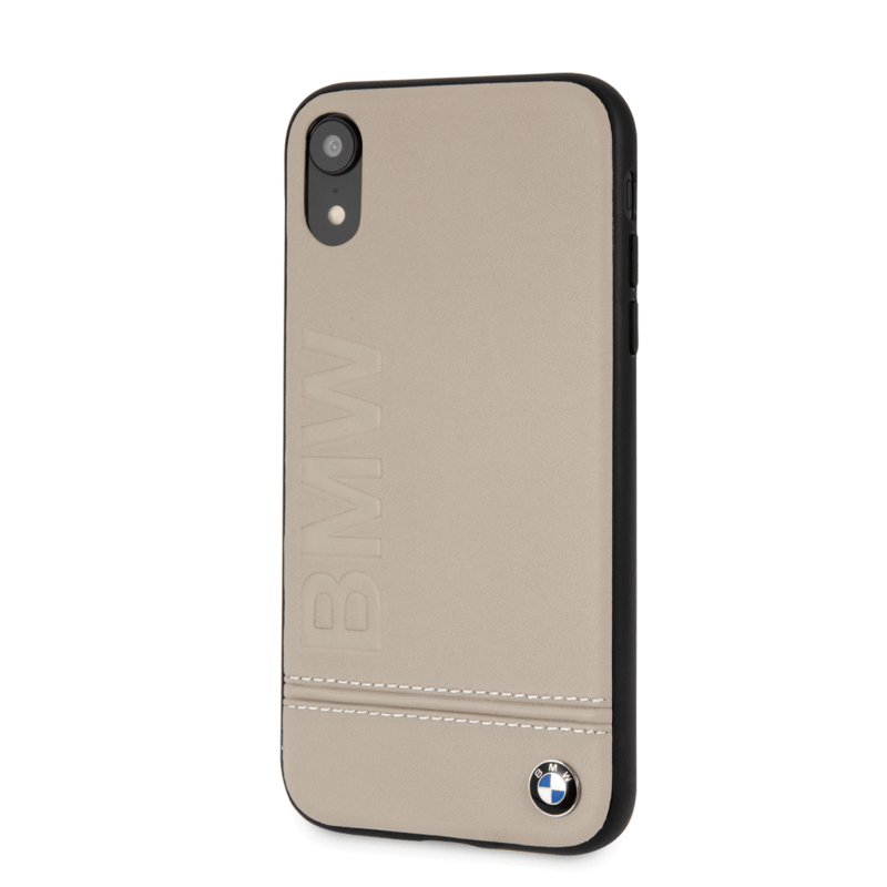 Official BMW iPhone XR Taupe Genuine Leather Rigid Case Grey