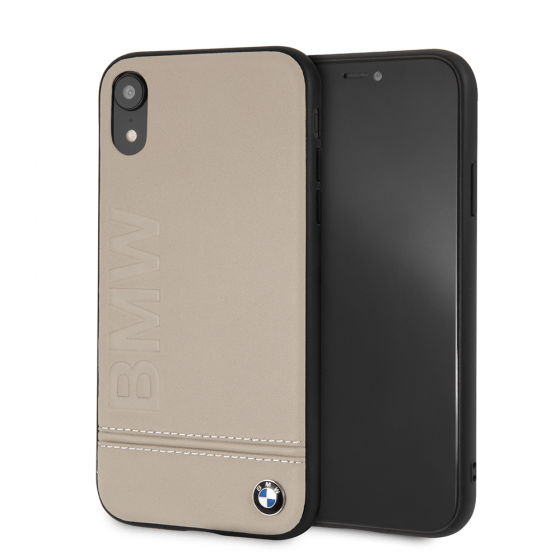 Official BMW iPhone XR Taupe Genuine Leather Rigid Case Grey