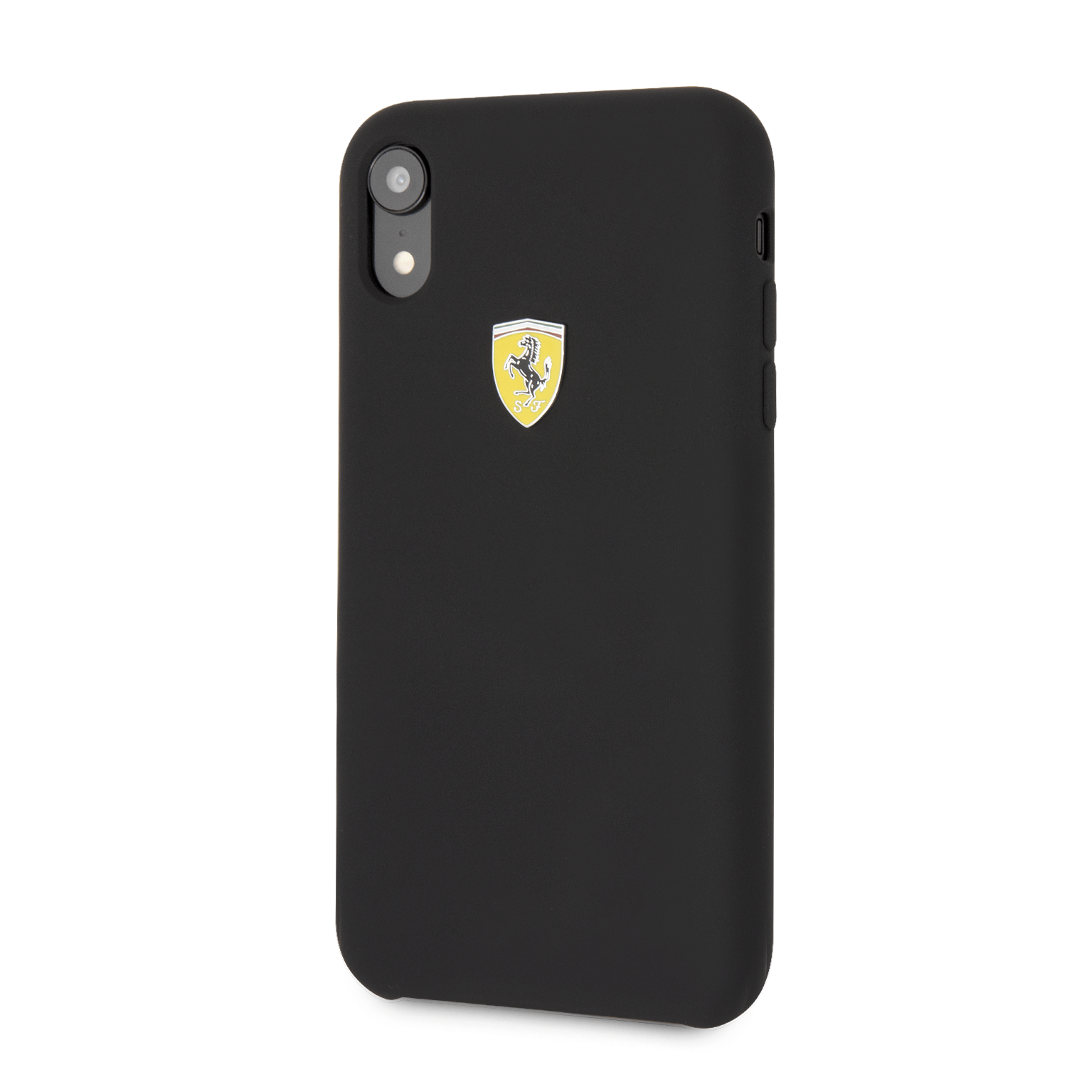 Introducing the Official Ferrari Smooth Silicone Heritage Black Case for iPhone XR, marrying iconic design with reliable protection