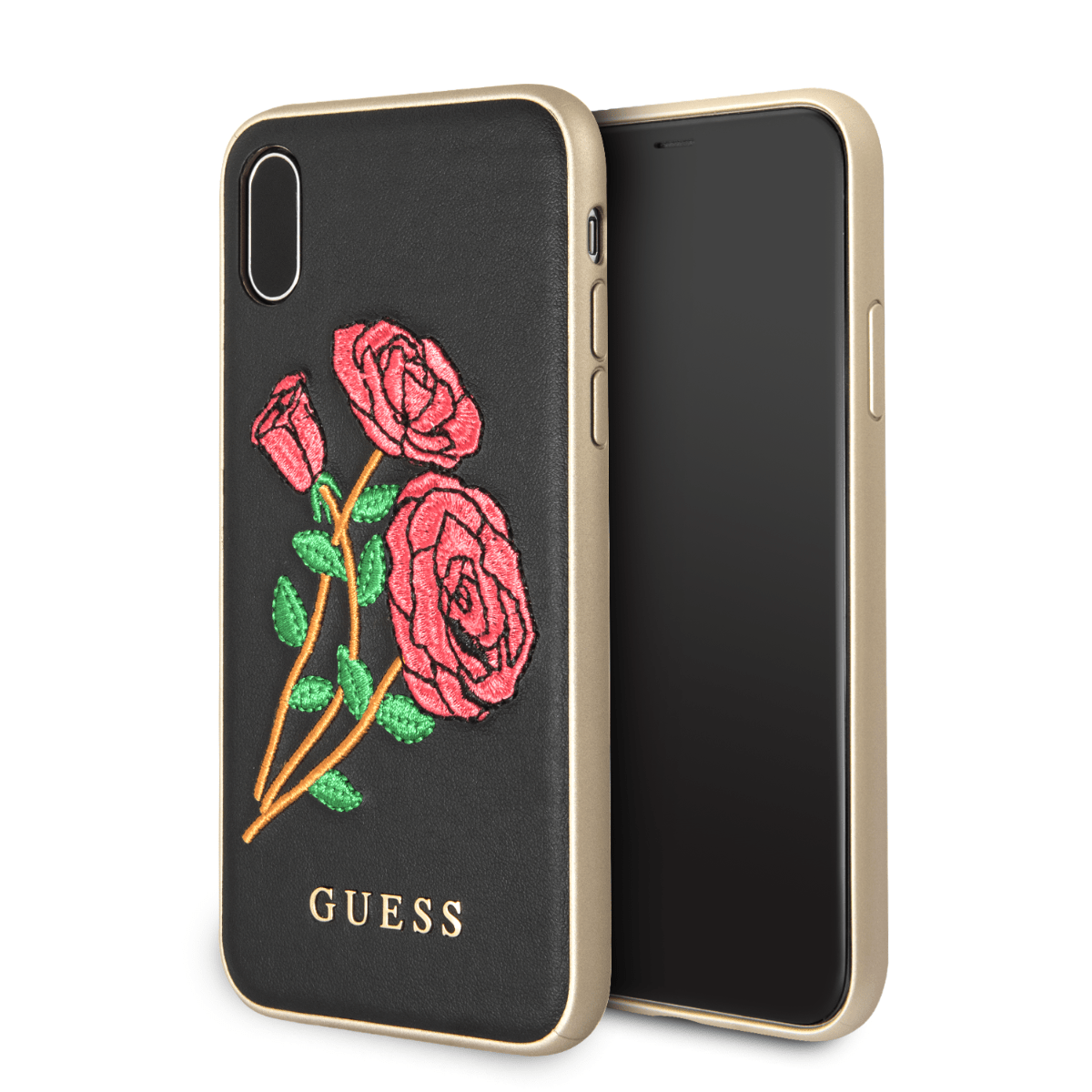 Official Guess Embroided Rose PU Case BLK For Apple iPhone X and XS