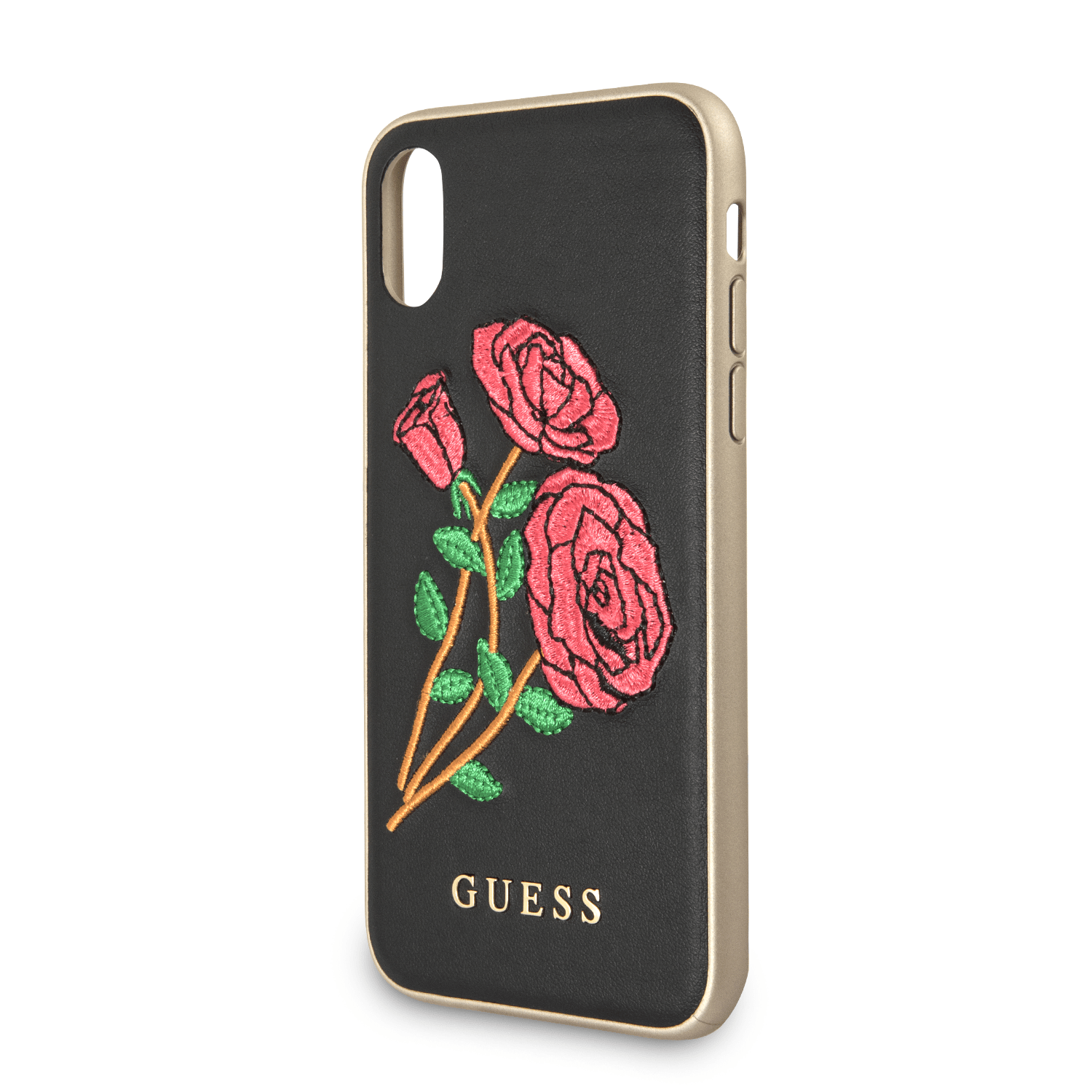 Official Guess Embroided Rose PU Case BLK For Apple iPhone X and XS