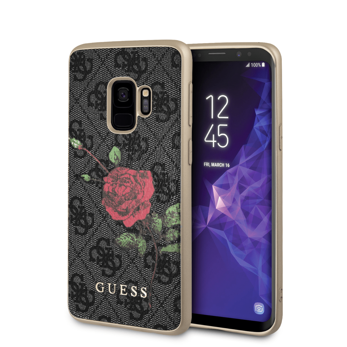 Official Guess Red Rose Gray Pattern PU Case For Samsung S9