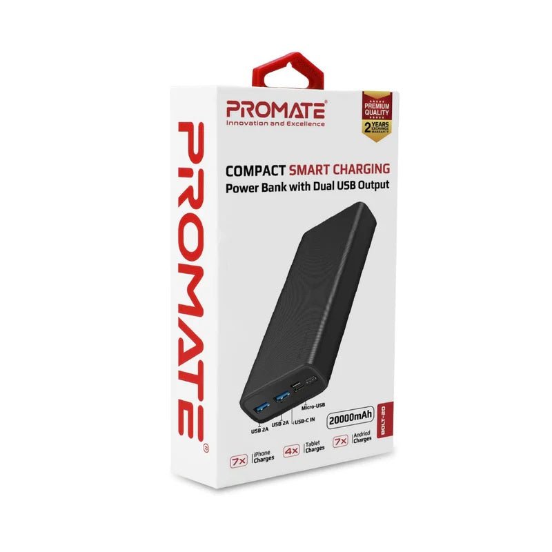 Promate 20000mAh Smart Charging Power Bank with Dual USB Output Black