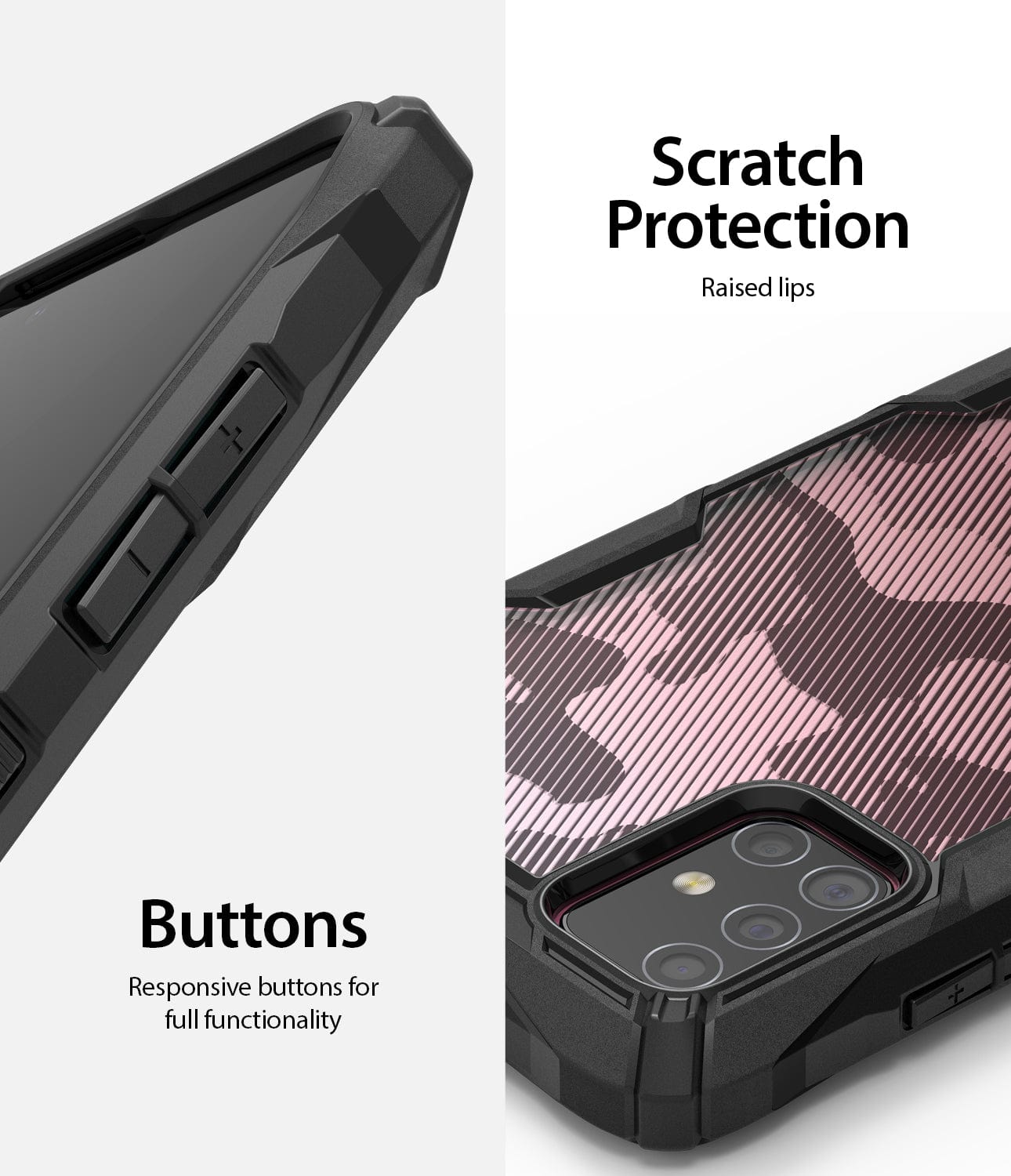 Scratch protection raised lips and responsive buttons 