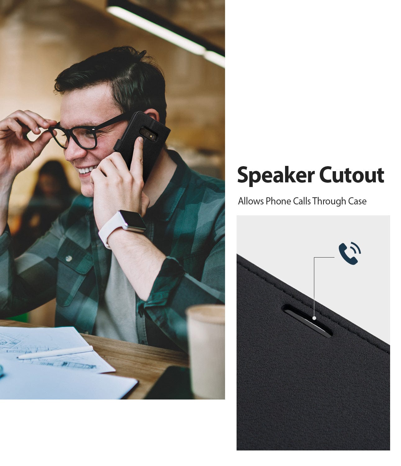 The speaker cutout allows phone calls to be made and received without removing the case, ensuring seamless communication.