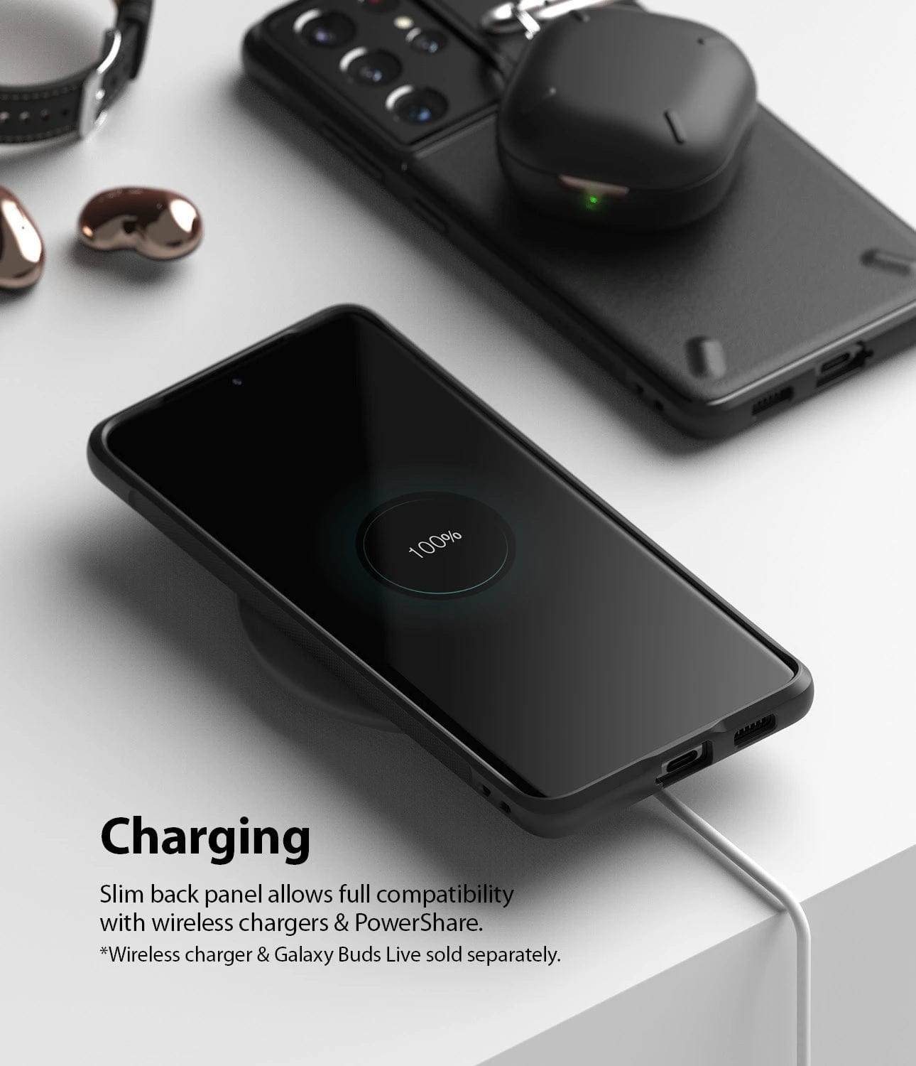 The Ringke Onyx Case supports wireless charging and is compatible with screen protectors, ensuring convenient functionality and added protection for your Galaxy S21 Ultra.