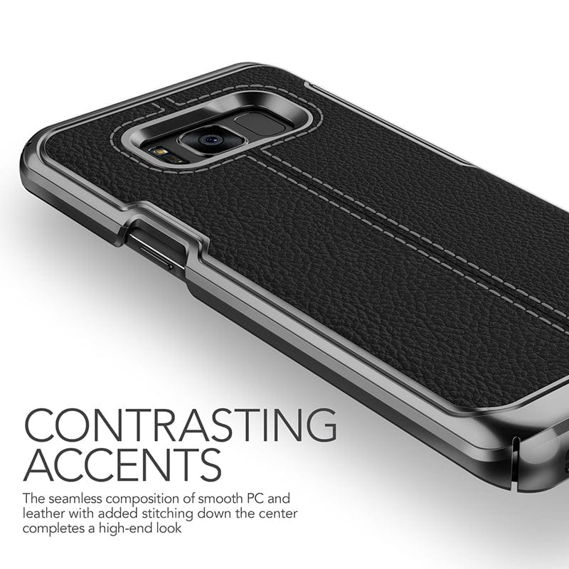 The Galaxy S8 Plus cover is composed of hard PC, designed for anti-scratch protection, with a premium genuine leather layer for added style and durability